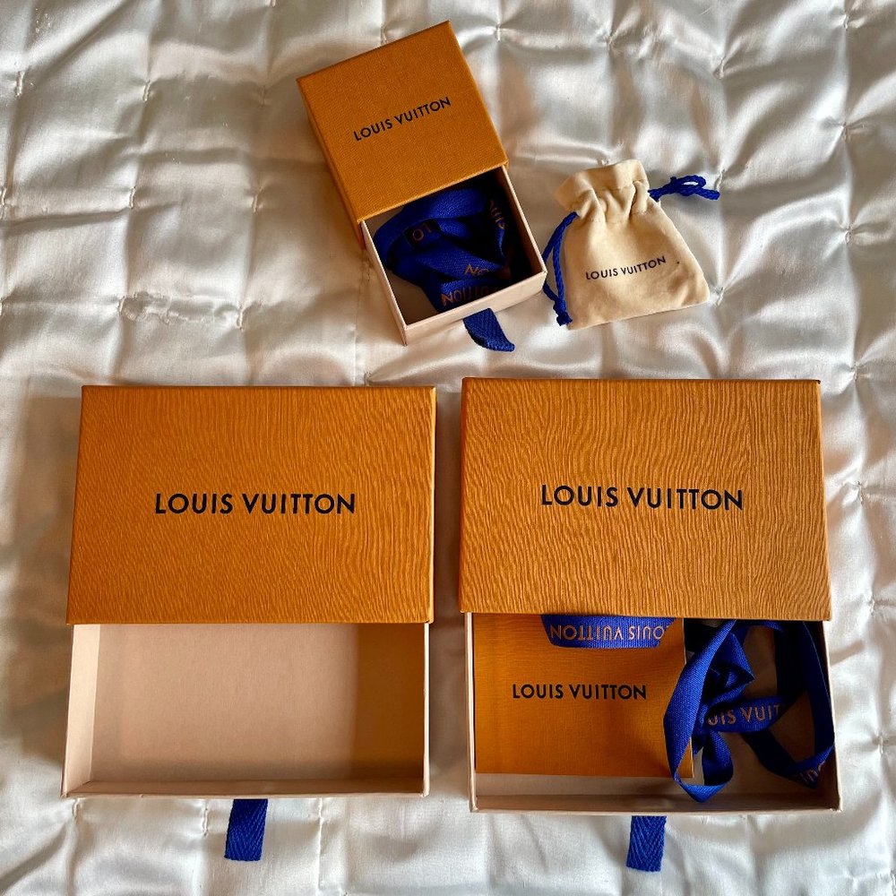 Louis Vuitton Authentic Slide Boxes Set, 2 LV Blue Ribbons and Small LV Pouch